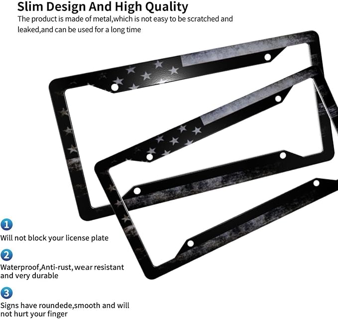 License Plate Frame 2 Pack Front Rear Aluminum Metal Rust-Proof Universal Car Tag Frames Holder with 4 Holes Car Decor Accessory with Screws for Men Women - Vintage Black American Flag