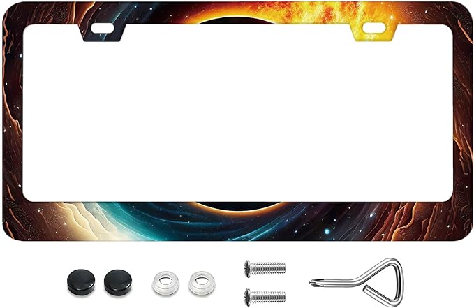 Black Hole with Burning Rim in Outer Space Pattern Decorative License Plate Frames, Rust-Proof Stainless Steel License Plate Cover Fits Standard U.S. Vehicles for Men Women 12.3 X 6.3 Inch -DATANSEN