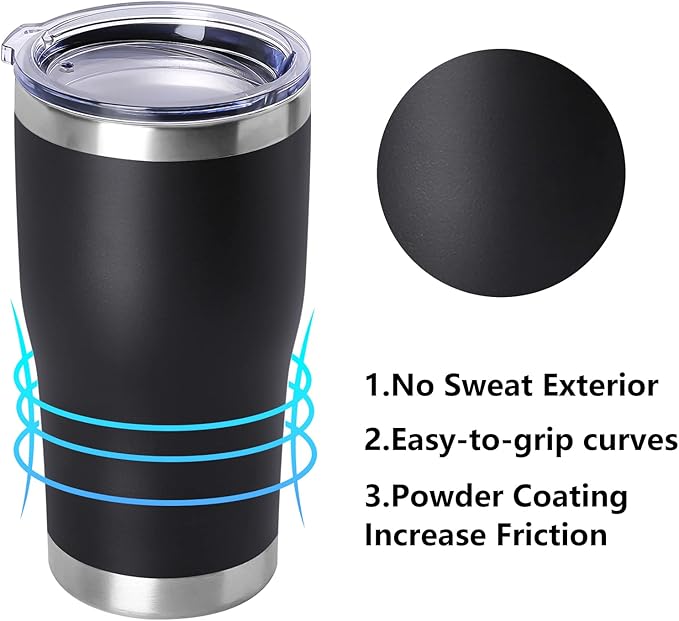 DOMICARE 20oz Tumbler with Lid Stainless Steel Tumblers Bulk, Double Wall Vacuum Insulated Coffee Travel Mug Powder Coated Tumbler, 8 Count (Pack of 1) Black