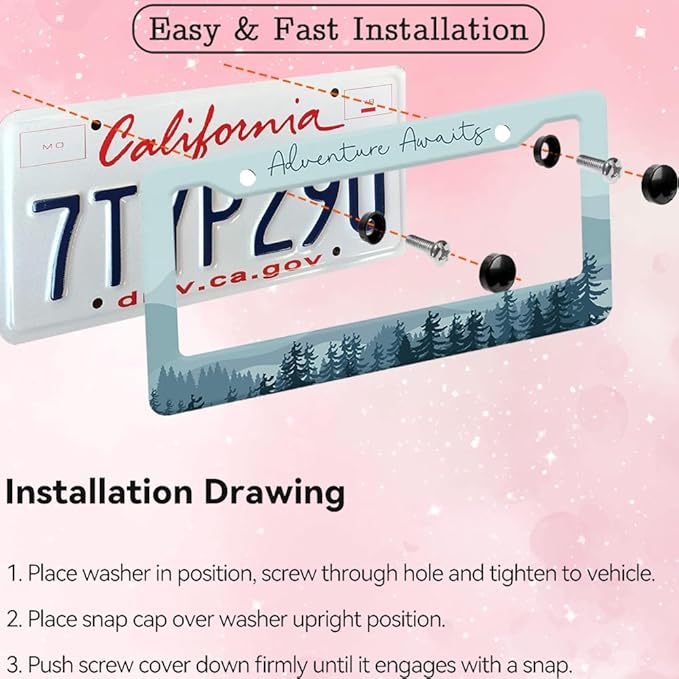 1pcs Mountain License Plate Frame for Women,Natural Pine Forest Mountain Horizon Landscape car Decorative tag Frames Girly,Blue Botanical License Plate Cover Holder for Vehicle with car Keychain tag