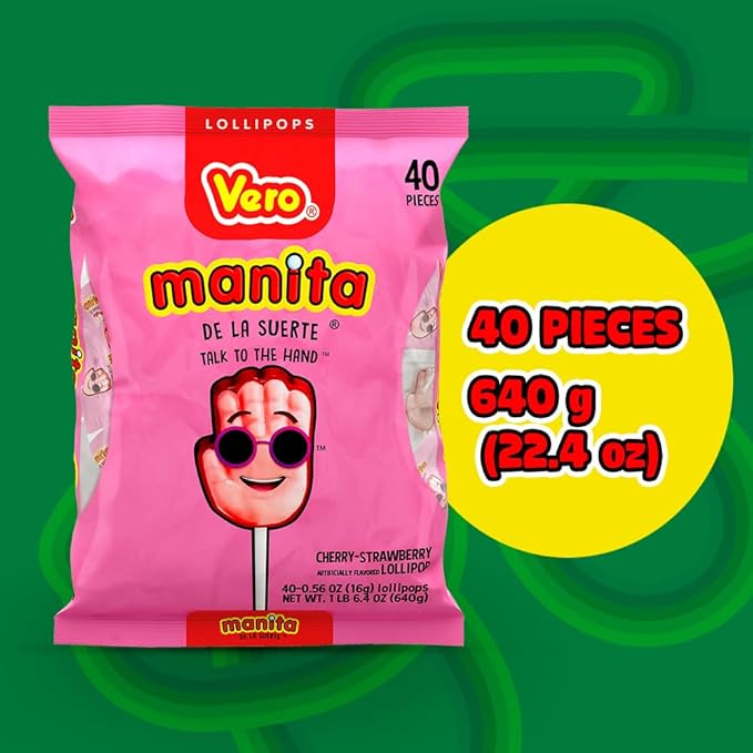 Vero Manita Paletas Strawberry & Cherry Flavored Lollipop (40 Count Bag) - Individually Wrapped Lollipops - Mexican Candy - Paletas Mexicanas Sabor Fresa