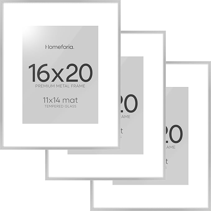 Homeforia 16 x 20 Picture Frame Silver, High End Metal 16 x 20 Frames with Mat 11 by 14 Photo, 16x20 Silver Poster Frame Matted to 11x14 Print, 20x16 Hanging Frames, Tempered Glass, Wall Kit, Set of 3