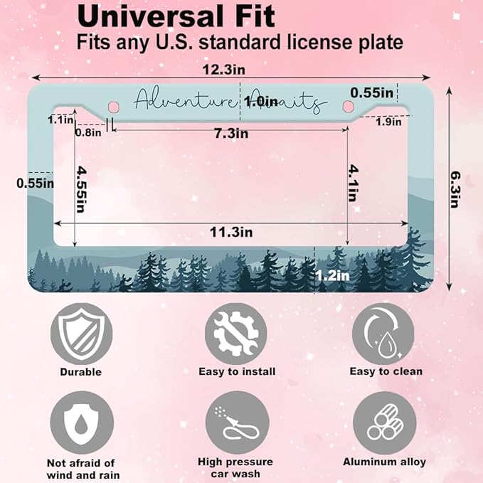 1pcs Mountain License Plate Frame for Women,Natural Pine Forest Mountain Horizon Landscape car Decorative tag Frames Girly,Blue Botanical License Plate Cover Holder for Vehicle with car Keychain tag