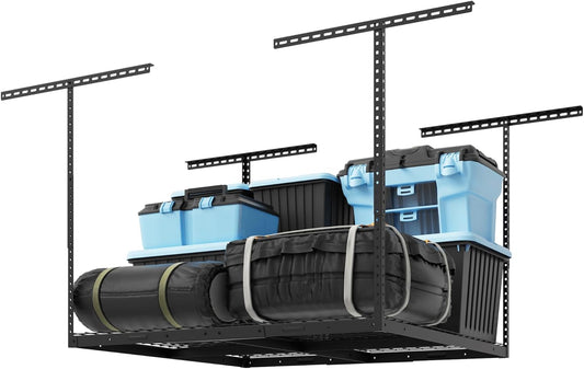 FLEXIMOUNTS 4x4 Overhead Garage Storage Rack, Adjustable Organization System, Heavy-Duty Metal Ceiling Racks, 350lbs Weight Capacity, Black