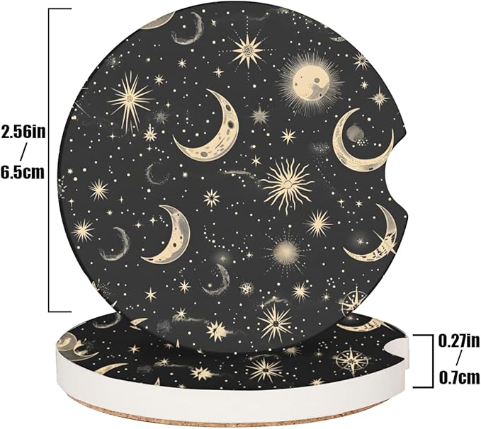 Cup Holder Coaster for Car, 2 Pack Car Coasters for Cup Holders, Moon & Stars Cork Base Car Cup Coasters for Drinks, Universal Funny Aesthetic Car Accessories for Women Men, Table Coaster Home Decor