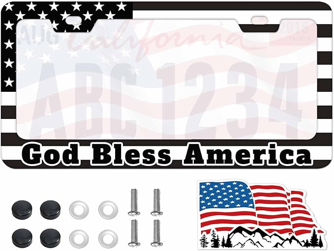 1PCS Black God Bless America License Plate Frame Holder - USA Stars and Stripes Auto Universal Aluminum Matte Car Tag Holder Covers with Sticker & Screws for Men