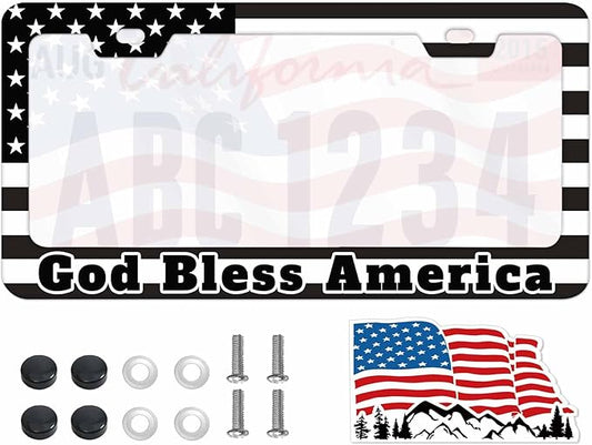 1PCS Black God Bless America License Plate Frame Holder - USA Stars and Stripes Auto Universal Aluminum Matte Car Tag Holder Covers with Sticker & Screws for Men