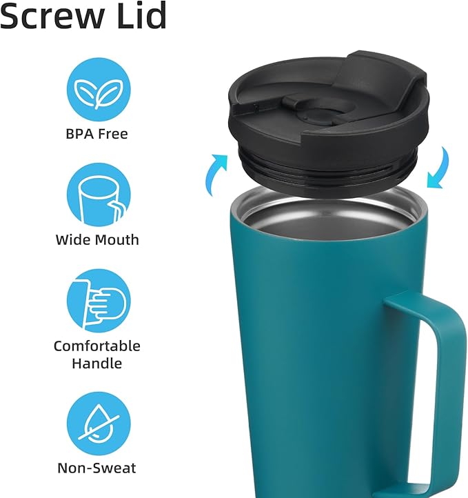Insulated Tumbler with Handle and Straw, 22 OZ Travel Coffee Mug Stainless Steel Cup Metal Water Bottle,Blue