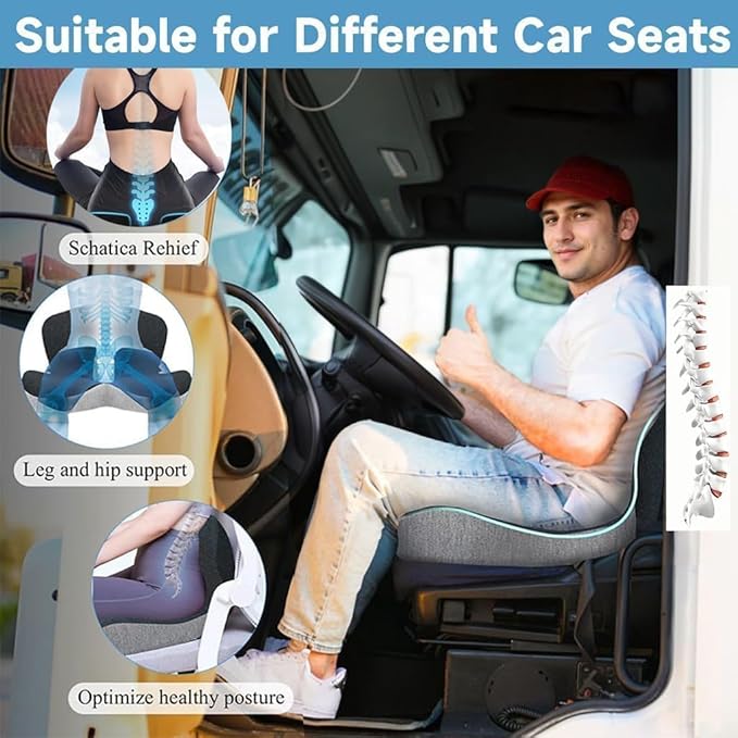 Memory Foam Pads Seat Cushion for Truck Driver, semi Truck seat Cushion with Adjustable Strap – Ergonomic Back Support,Ideal Car Seat Cushions for Driving,Trucker Essentials (Dark Grey)