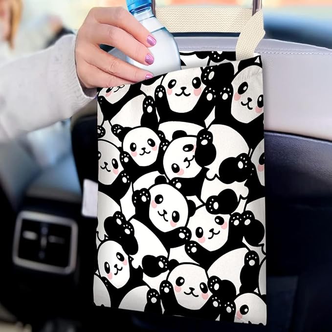 Car Trash Bag Hanging No Snap Small Garbage Bag for Car Back Seat Cute Printed One-handed Strap Trash Bags Car Accessories-Panda Car Trash Bags