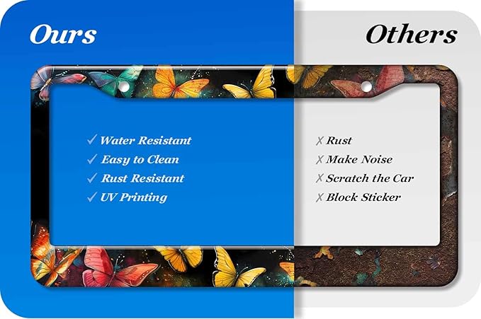 2PCS Beautiful Butterfly Pattern License Plate Frames for Men Women - Universal Aluminum Stainless Steel Personalized Car Tag Covers Holder with Screws, Caps, Rattle Proof Pads and Handlebar Stickers