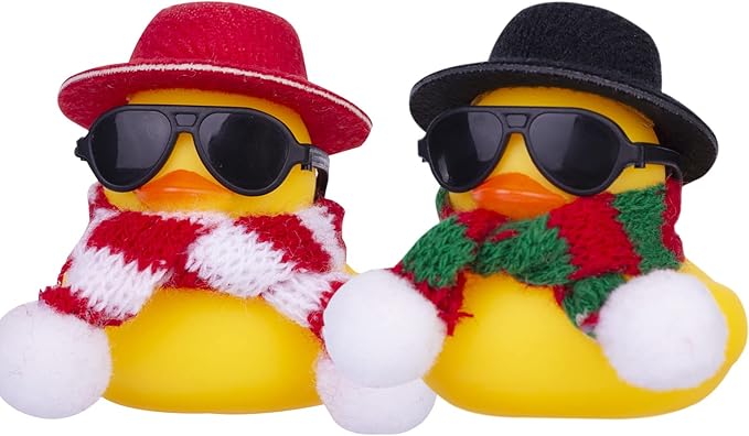 Rubber Duck Car Ornaments 2Pack Winter Duck Car Dashboard Decorations for Christmas Decor and Home Decorations with Mini Hat Scarf and Sunglasses(B)