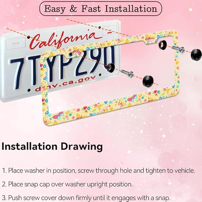 2pcs floral Colorful Butterfly License Plate Frame for Women,Inspirational Butterfly flower car Decorative tag Frames Girly,Colorful Butterflies floral License Plate Cover Holder with car Keychain tag