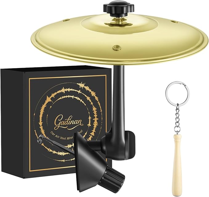 Mini Car Drum Cymbal For Car Air Vent (Gold) – Crash Cymbal Dashboard Ornament Accessory for Musicians, Drummers, Music Lovers – Funny Auto Interior Gift for Men Women Teens