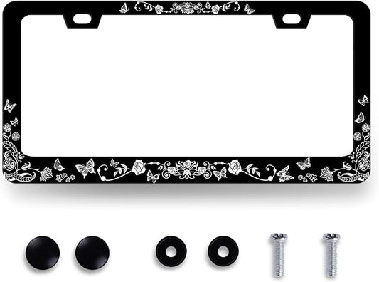 Black White Butterfly License Plate Frame Flowers Rose Floral License Plate Stainless Steel Funny Accessory Cars Decor 12.2 X 6.2 Inch with 2 Holes and Screws Fits Standard Us Ca Vehicles