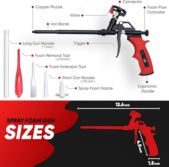 Luft Professional Expanding Foam Spray Gun (1 Insulation Guns + 9 Extenders) PU Insulating Applicator Heavy Duty Metal Body Dispensing Foam Gun Suitable for Caulking, Filling, Sealing (1 Pack)