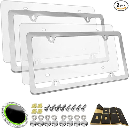 Clear License Plate Frames Covers- 2 Pack Flat Car Tag Protector and Stainless Steel Chrome Holder, Road Legal Unbreakable Acrylic Protective Shield with Screws Caps for Front Rear