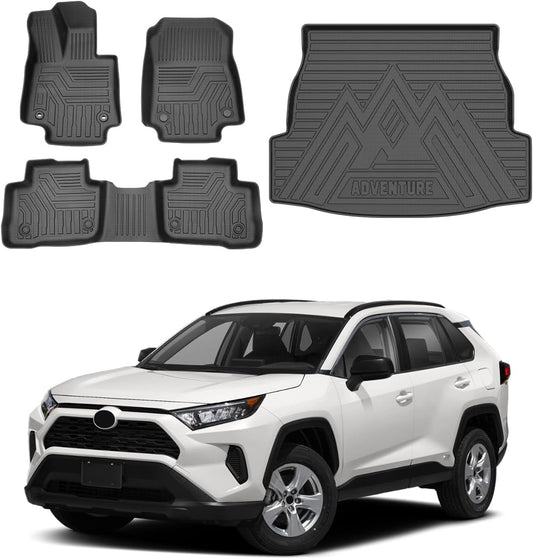 Powerty Floor Mats & Cargo Liner for 2019-2024 2025 Toyota RAV4 Accessories Floor Mats 2 Row Liner Set All Weather TPE 3D Floor Liners&Rear Cargo Mat
