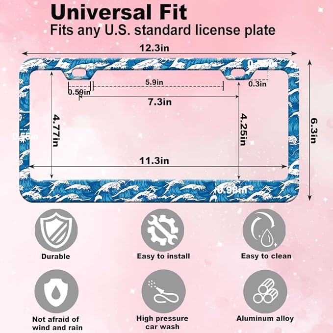1pcs Blue Ocean Wave License Plate Frame for Women, Japanese Traditional Waves Print car Decorative tag Frames Girly Cute License Plate Cover Holder for Vehicle with Double Sided car Keychain tag
