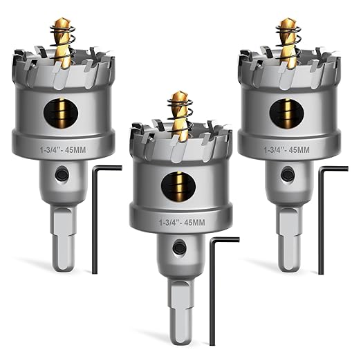 Metal Hole Saw 1-3/4" (45mm) 3Pcs Set Heavy Duty Tungsten Carbide Tipped Hole Cutters Set with L-flench, for Steel Iron,Aluminum,Stainless stell,Plastic
