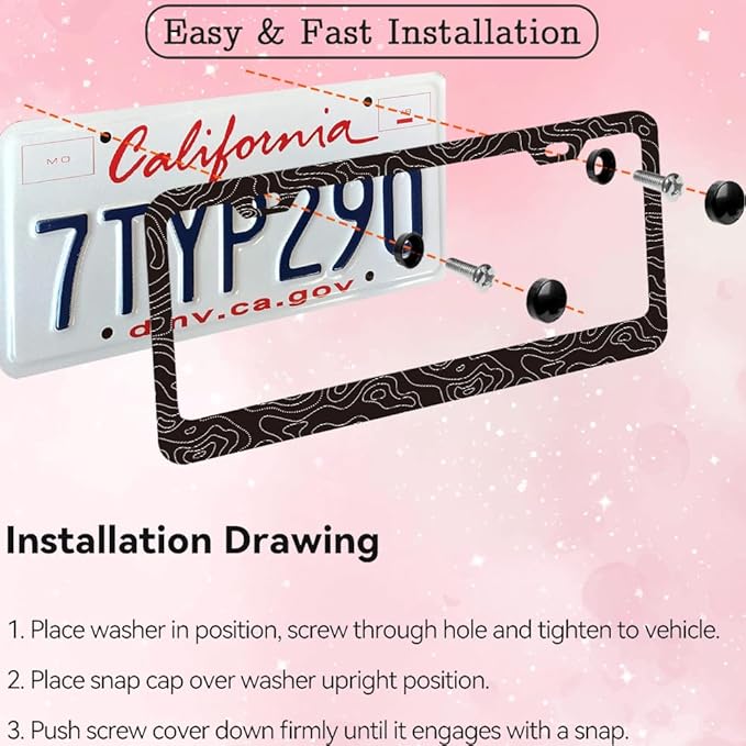 2pcs Topography Map License Plate Frame for Women Men, Discovery car Decorative tag Frames Girly, Topographic License Plate Cover Holder for Vehicle with Double Sided car Keychain tag