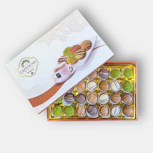 Zaitoune Mixed Chocolate & Pistachio Royal Petit Fours – 12 oz | Assorted Gourmet Chocolate Covered Cookie Selection | Authentic Arabic Cookies in a Beautiful Gift Box | Great Sharing Present