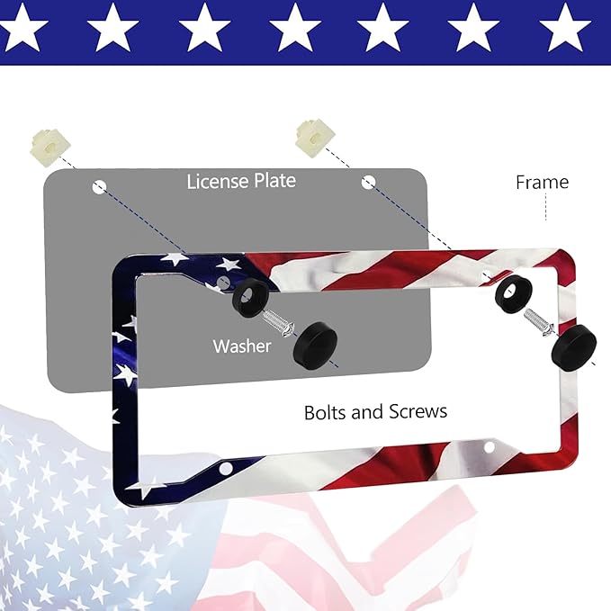 LIN KANG American Flag License Plate Frame Holder - 2 Pack Universal Aluminum Matte Stripe US Flag Gloss Patriotic Car Plate Frame Covers with Free Screws Fasteners Caps