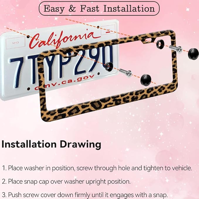 2pcs Brown Cheetah Leopard Print License Plate Frame for Women, Cheetah Leopard Brown car Decorative tag Frames Girly Animal License Plate Cover Holder for Vehicle with car Keychain tag