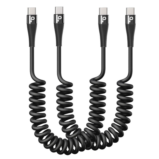 Coiled USB C to C Cable for Car 5FT, USB Type C Charger Cable 100W Short USBC Fast Charging Cable for iPhone 16/15/Pro/Plus/Pro Max/Samsung Galaxy S23, Compatible All Type C Devices-Black 2Pack