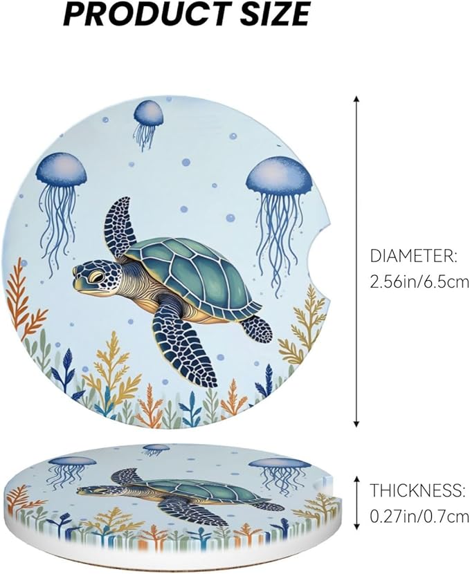 ABLESKY Car Coasters for Cup Holders, 2 Pack Absorbent Anti Slip Car Cup Holder Coasters, 2.56 Inch Ceramic Universal Size Auto Interior Accessories Women Men-Sea Turtles