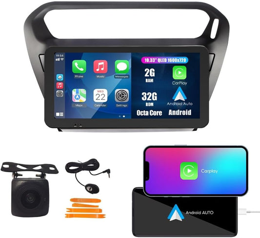 Kunfine Car CarPlay Android Auto Navigation Stereo GPS Radio Camera Display 10.33" QLED Touchscreen Headunit Tablet Media Player for Peugeot 301 2013-2022, if Applicable Octa Core 2G+32G Matte Black