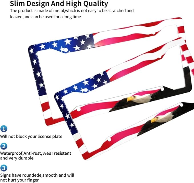 American Flag Eagle License Plate Frames Covers Holders US American Waving Flag Eagle Car Tags Frames Holders Stainless Aluminum 2 Pack 4 Holes Decorative 2 Pcs Set for Men Vehicle