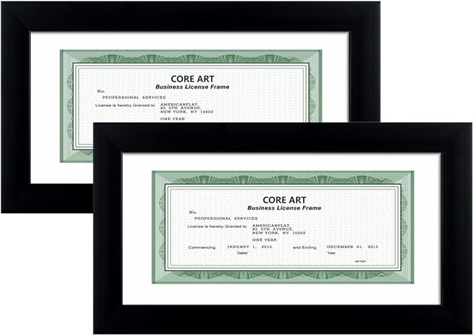 CORE ART 5x10 Business License Frame in Black, Professional Bank Check Frame 3.5x8 with Mat, High Definition Plexiglass, Wall or Tabletop Display(Set of 2)