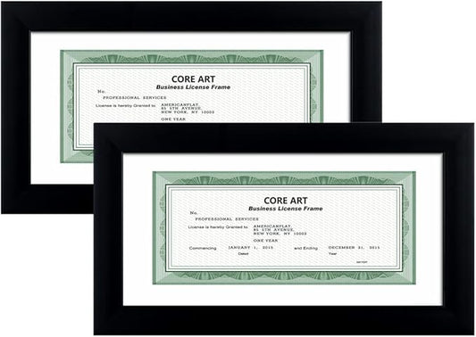 CORE ART 5x10 Business License Frame in Black, Professional Bank Check Frame 3.5x8 with Mat, High Definition Plexiglass, Wall or Tabletop Display(Set of 2)