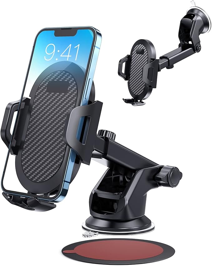Car Phone Holder Mount, [Strong Suction Cup] [Military Grade Durable] for Windshield and Dashboard, Adjustable Long Arm Compatible with iPhone 16 15 14 Pro Max and All Smartphones,Black