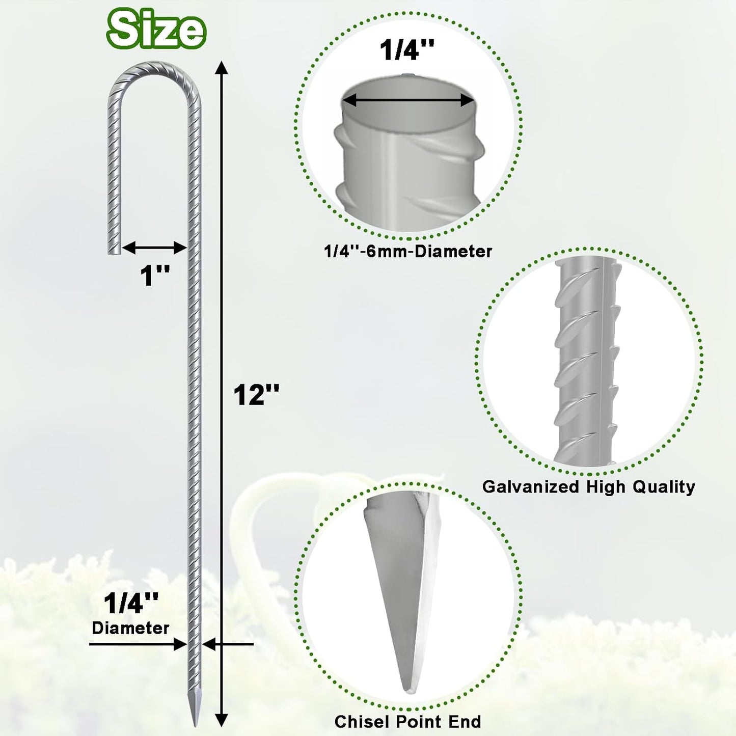 VVOKGO Rebar-Stakes-12-Inch J Hook Galvanized Tent Stakes Heavy Duty, 4-Pack Ground Chain Link Fence Anchors with Chisel Point End for Gazebo Bounce House, Camping Tents, Outdoor Inflatable Decoration