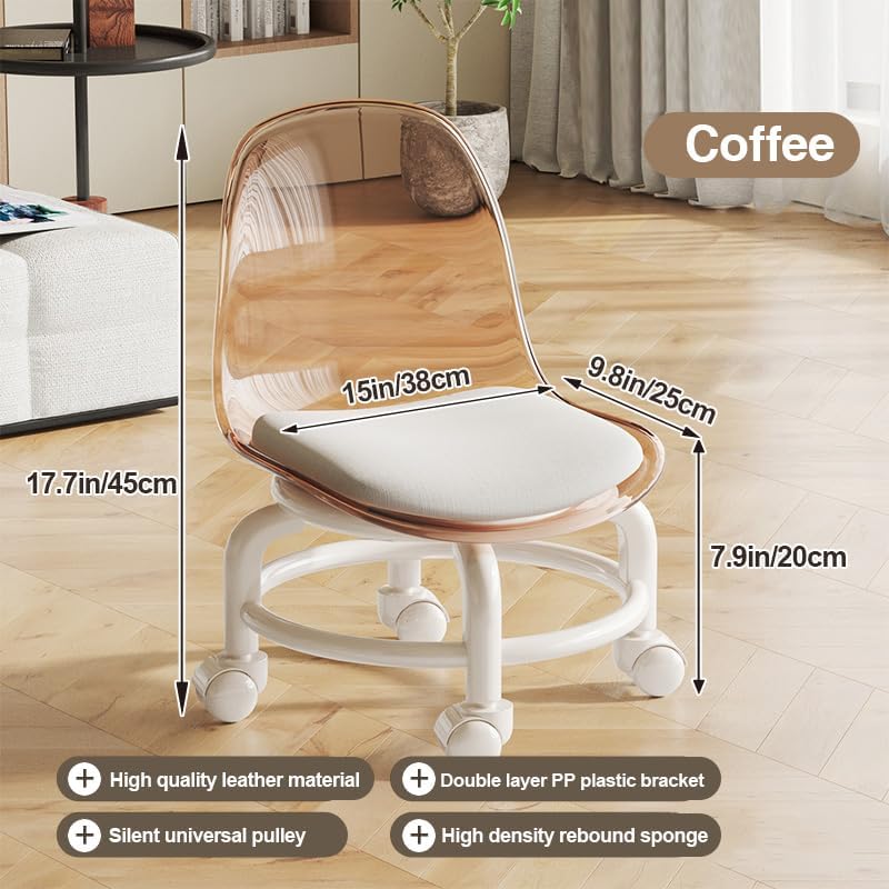 Low Rolling Stool with Wheels,Mini Rolling Garage Stool with Back Support,360° Rotating Floor-Friendly Wheels for Home, Office,Garage & Salon (Transparent Brown)