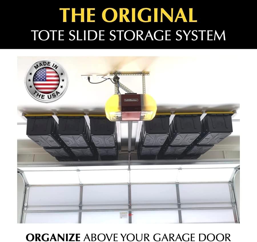 Tote Slide PRO – Made in USA | Heavy-Duty Alloy Steel Overhead Rack – Organize Up to 15 Storage Tote Bins on Garage Ceiling – 88” x 80” x 3.5”, White – Space-Saving Design