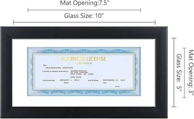 ELSKER&HOME 5x10 Business License Frame Black for 3.5x8 Standard Business License with mat - 5x10 frame without mat for Panoramic Picture, Wall or Tabletop Display (2 Pack)