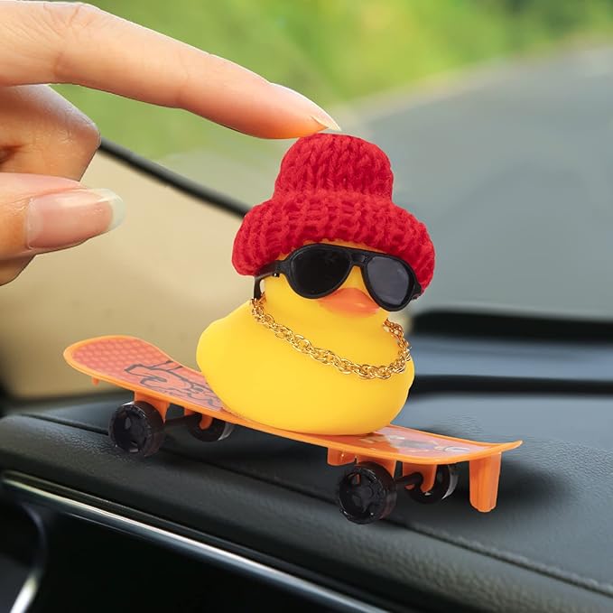 wonuu Car Duck Ornament Rubber Duck Car Dashboard Decoration for Car Dashboard Decoration Accessories with Mini Hat, Necklace, Sunglasses, Chair or Skateboard