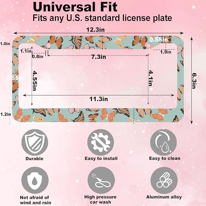 2pcs Brown Butterflies License Plate Frame for Women, Butterfly car Decorative tag Frames Girly,Inspirational Butterfly License Plate Cover Holder for Vehicle with Double Sided car Keychain tag