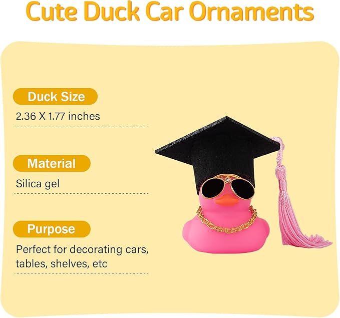 wonuu Car Dashboard Decor Graduation Hat Color Rubber Duck, Car Ducks Ornaments with Mini Graduation Hat Necklace Sunglasses (Pink)