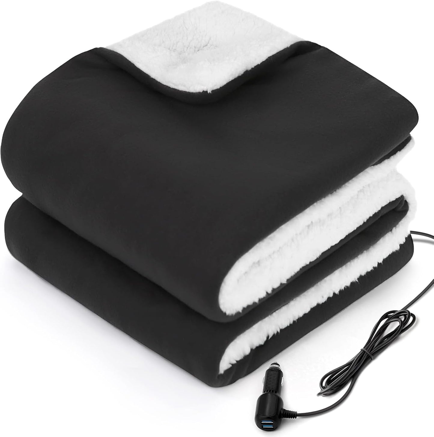 Sealy 12-Volt Heated Car Blanket with 2 USB Output Ports, 3 Heating Levels & 4 Hours Auto Off, Electric Blanket for Car, Truck, SUV, RV or Camping, Machine Washable, 59" X 43", Charcoal