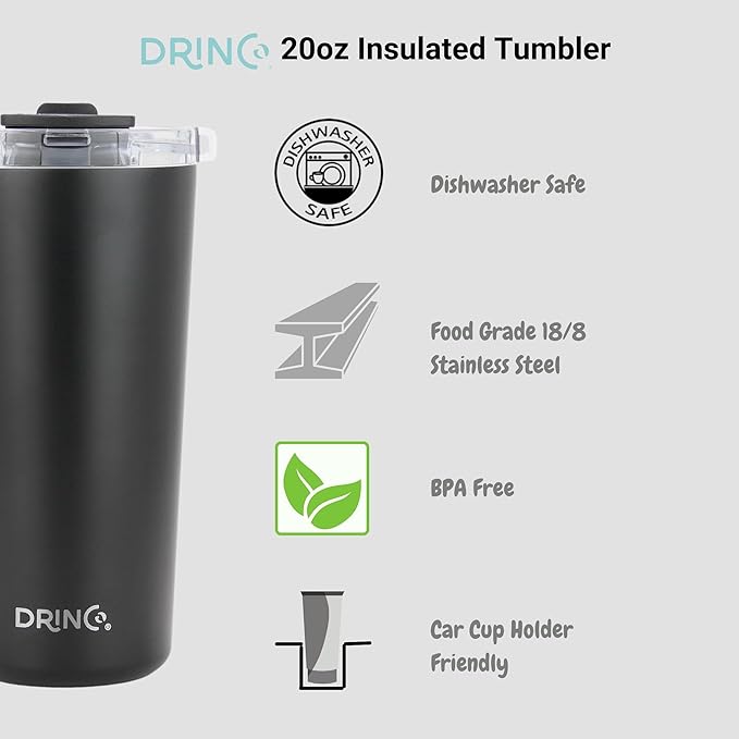Drinco - 20 oz Stainless Steel Tumbler | Double Walled Vacuum Insulated Mug With Lid, 2 Straws, For Hot & Cold Drinks (20oz Black, 20oz)