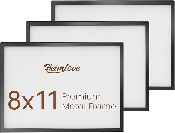 Heimlove 8x11 Metal Picture Frame,Black Aluminum Photo Frames-Real Tempered Glass,Tabletop Display,Mounting Horizontally or Vertically Decor for Wall-3 Pack