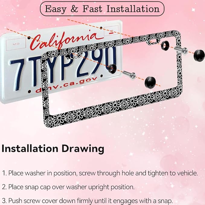 2pcs Vintage Black and White Daisy Floral License Plate Frame for Women, Minimalist Daisy Flower car Decorative tag Frames Girly, Aesthetic Black White Floral License Plate Cover Holder for Vehicle