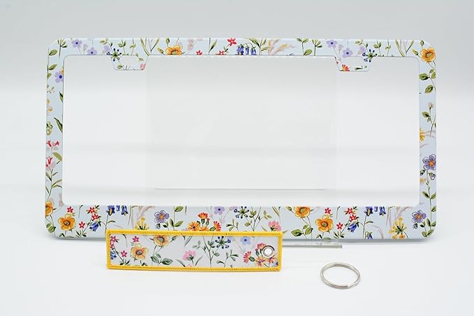 1pcs Wild Flowers Floral License Plate Frame for Women,White Nature Plant car Decorative tag Frames Girly,White Floral License Plate Cover Holder for Vehicle with Double Sided car Keychain tag