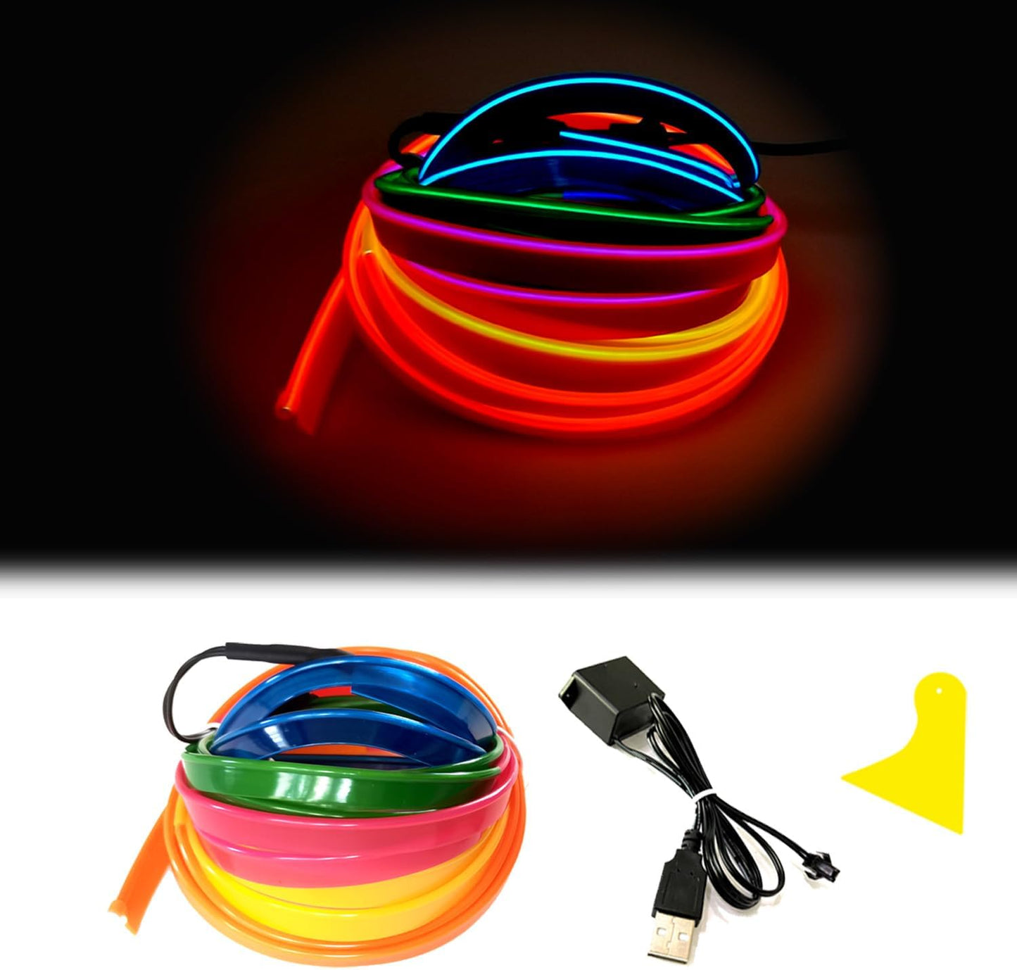 El Wire Mutilcolor Interior Car LED Strip Lights,3M Neon Wire USB 5V with Fuse Protection for Automotive Interior Decoration, with 6mm Sewing Edge