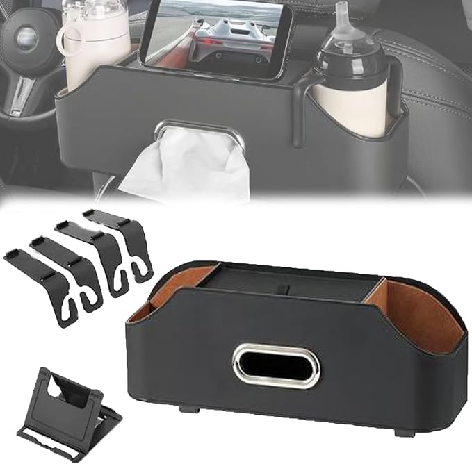 Firmstaunch Car Backseat Organizer - 2025 Best 3-in-1 Car Seat Organizer with Cup Holders, Tissue Box & Hooks | Waterproof Leather Backseat Storage for Family, SUV & Road Trip Essentials (Black)
