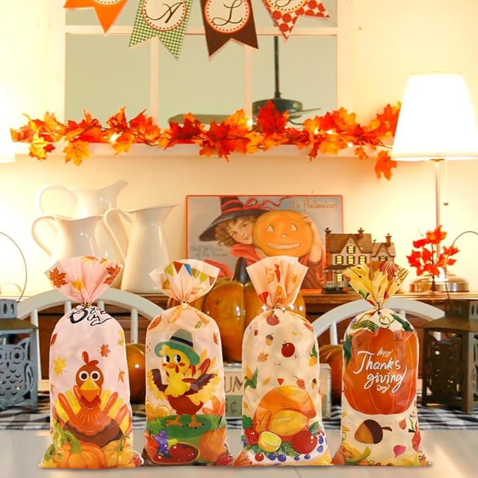 100 PCS Fall Treat Bags(5.1x10.6 Inch) with Ties Thankgiving Turkey Goodie Candy Gifts Bags Bulk Autumn Pouches for Thanksgiving Home Party Favors Supplies Decorations Friendsgiving Cellophane Bag